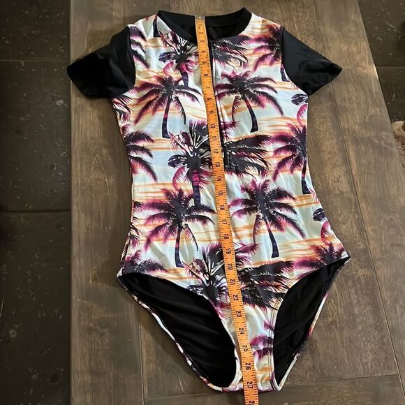 Tropical Palm Tree Prints One Piece Swimsuit Zipper Front Swimwear Small - Picture 14 of 15